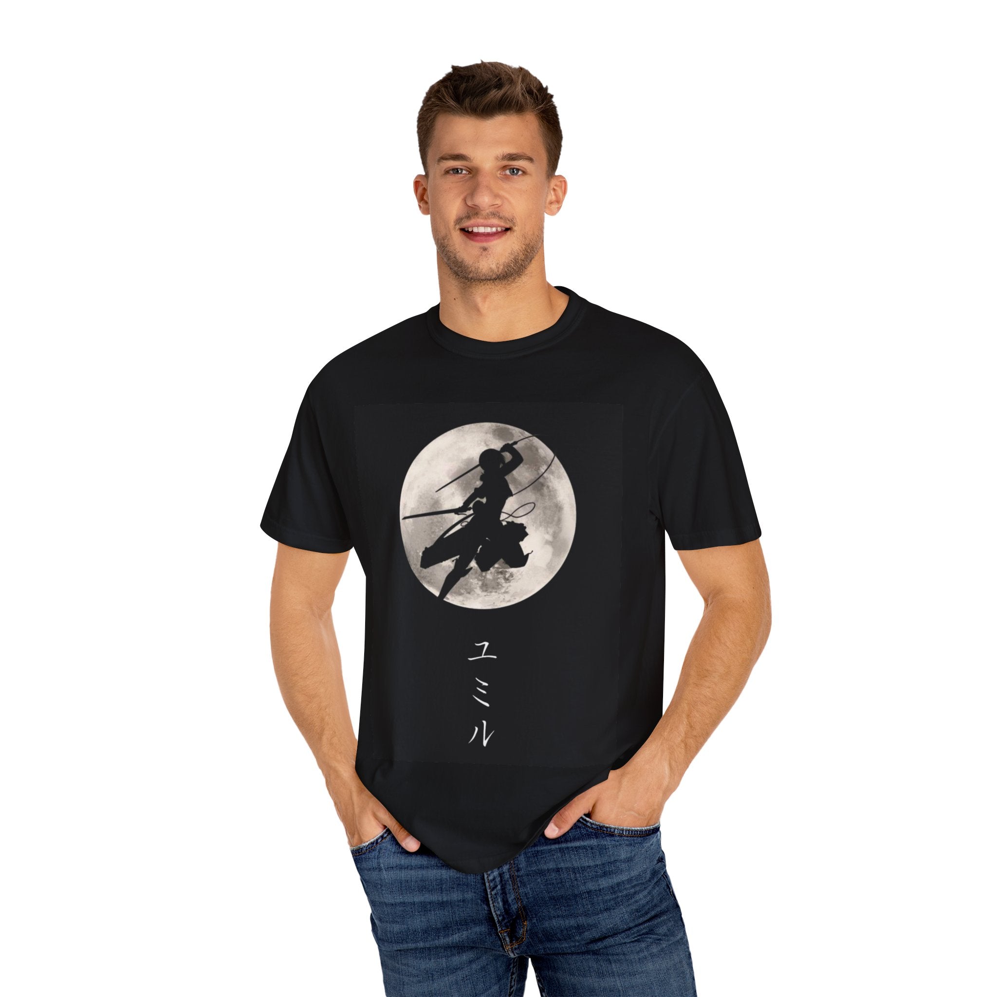 Unisex Garment-Dyed T-shirt with Anime-Inspired Moon Design, Casual Graphic Tee, Gift for Anime Fans, Streetwear Essential, Vintage Look